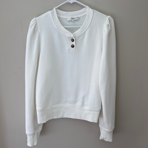 FRAME Puff Sleeve Sweatshirt Button Accent Pullover‎ Top White Large - Picture 1 of 7